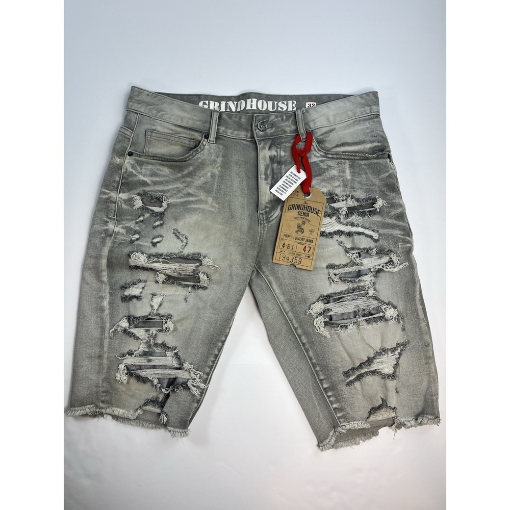 Grindhouse Denim Jean Shorts Men's Size 32 Gray Wash Distressed Bermuda NEW